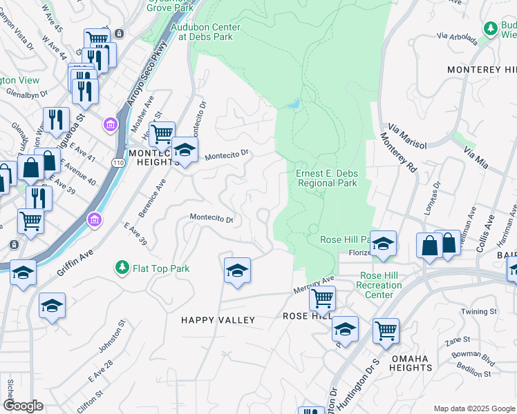 map of restaurants, bars, coffee shops, grocery stores, and more near 1351 Montecito Circle in Los Angeles
