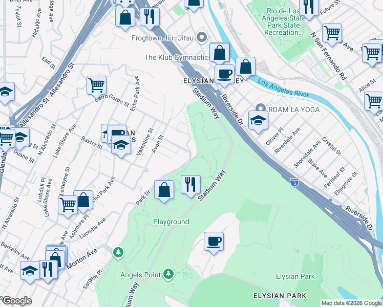 map of restaurants, bars, coffee shops, grocery stores, and more near 1409 Avon Park Terrace in Los Angeles