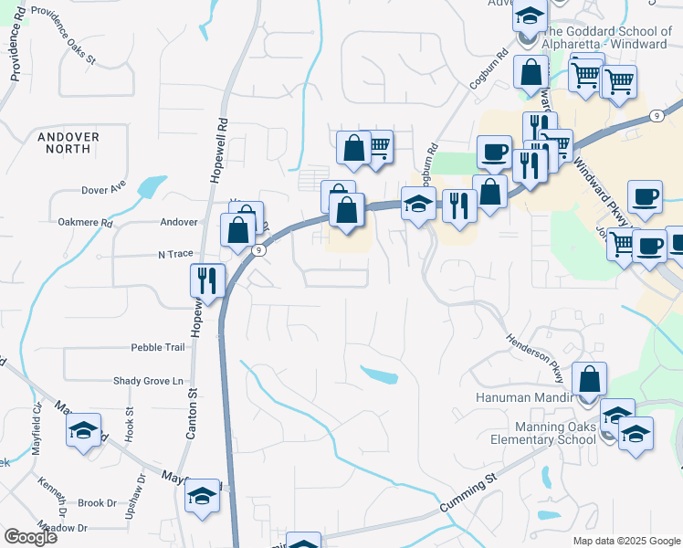 map of restaurants, bars, coffee shops, grocery stores, and more near 1130 Winthrope Chase Drive in Alpharetta