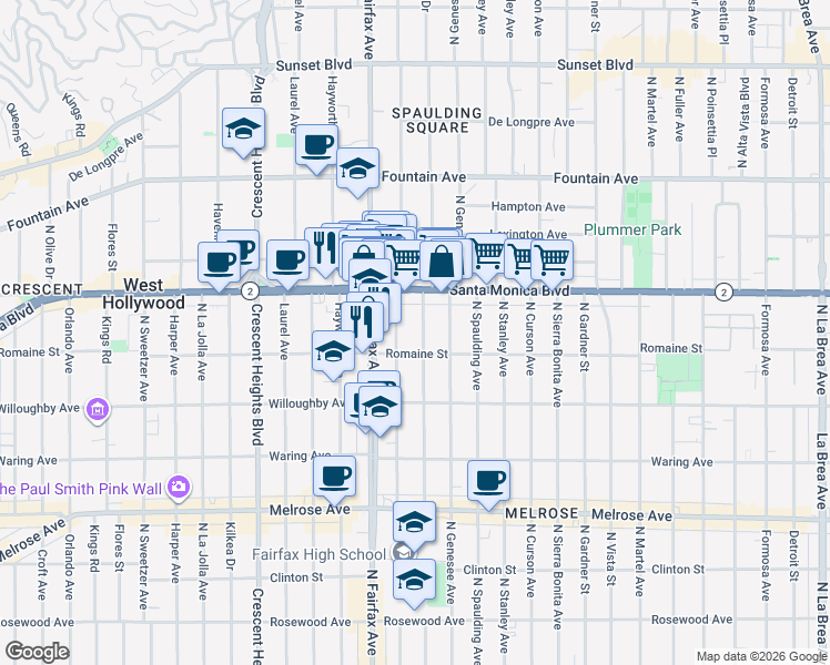 map of restaurants, bars, coffee shops, grocery stores, and more near 1001 North Orange Grove Avenue in West Hollywood