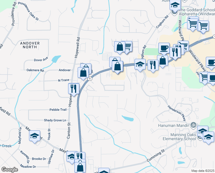 map of restaurants, bars, coffee shops, grocery stores, and more near 1050 Winthrope Chase Drive in Alpharetta