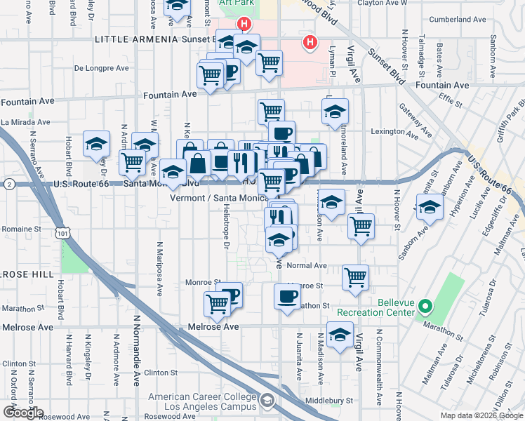 map of restaurants, bars, coffee shops, grocery stores, and more near 911 North New Hampshire Avenue in Los Angeles