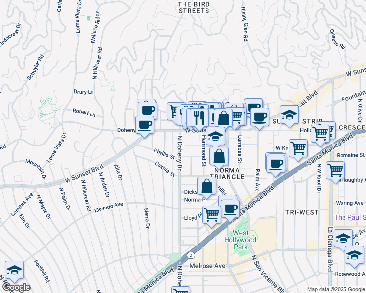 map of restaurants, bars, coffee shops, grocery stores, and more near 9039 Phyllis Avenue in West Hollywood