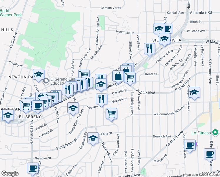 map of restaurants, bars, coffee shops, grocery stores, and more near 5306 Huntington Drive South in Los Angeles