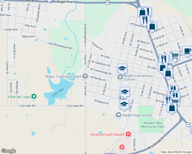 map of restaurants, bars, coffee shops, grocery stores, and more near 1005 West Burney Street in Madill