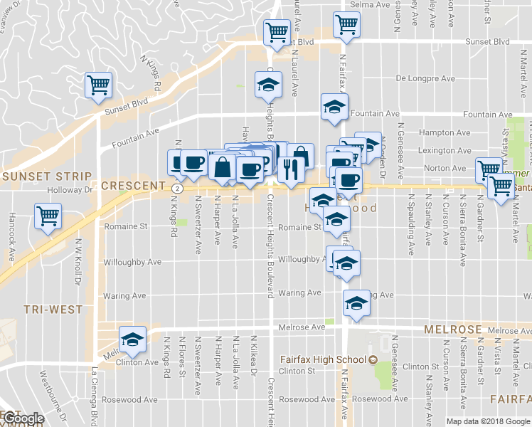 map of restaurants, bars, coffee shops, grocery stores, and more near 1021 North Crescent Heights Boulevard in Los Angeles