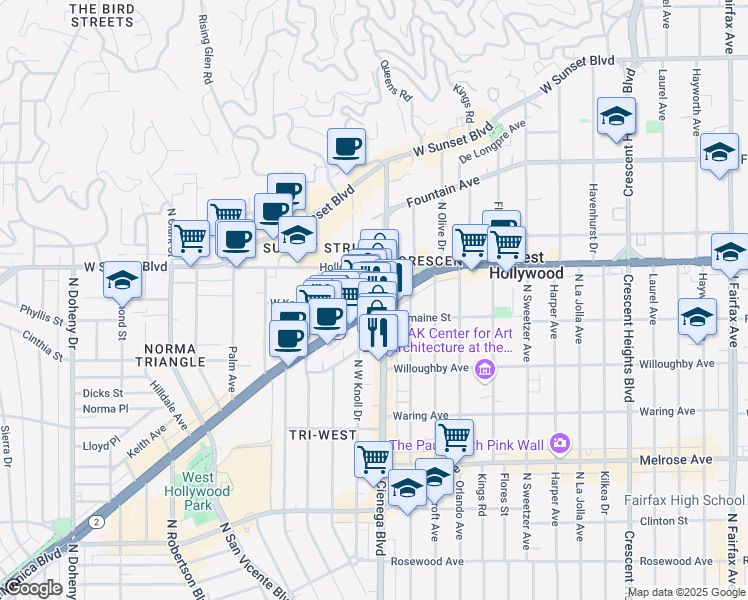map of restaurants, bars, coffee shops, grocery stores, and more near 8512 Santa Monica Boulevard in West Hollywood