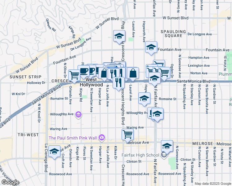 map of restaurants, bars, coffee shops, grocery stores, and more near 1020 Havenhurst Drive in Los Angeles