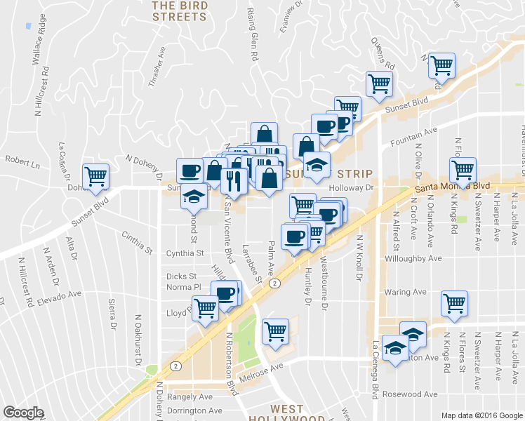 map of restaurants, bars, coffee shops, grocery stores, and more near 8812 Harratt Street in West Hollywood