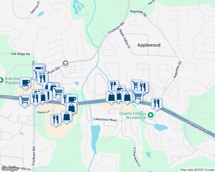 map of restaurants, bars, coffee shops, grocery stores, and more near 319 Weatherstone Place in Woodstock