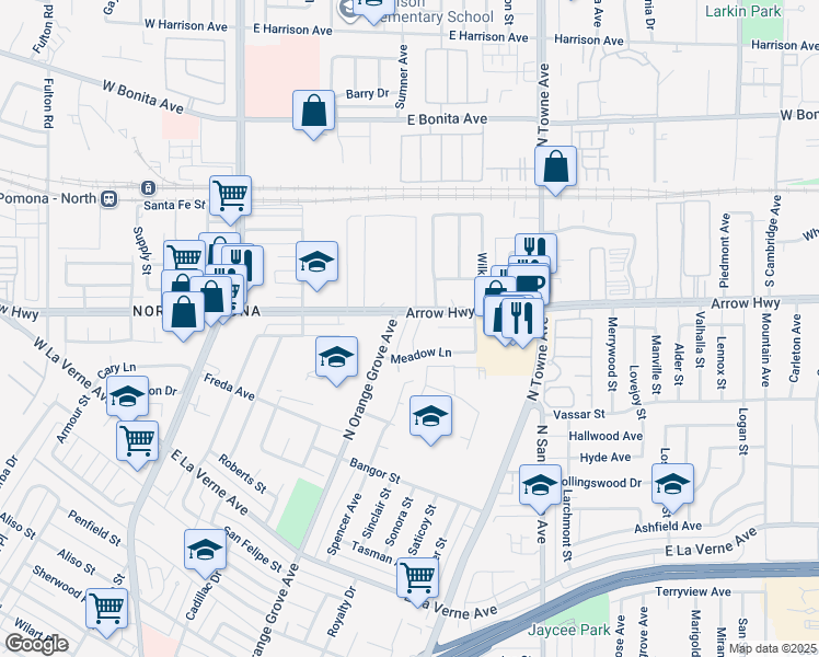 map of restaurants, bars, coffee shops, grocery stores, and more near 2291 Halcyon Way in Pomona