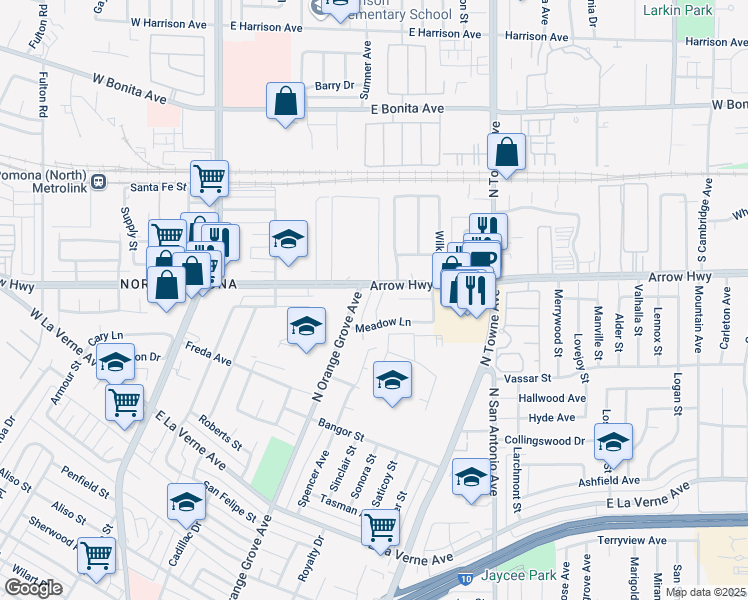 map of restaurants, bars, coffee shops, grocery stores, and more near 2291 Halcyon Way in Pomona