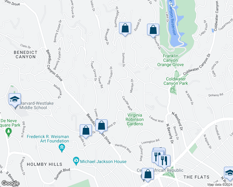 map of restaurants, bars, coffee shops, grocery stores, and more near Summit Drive in Beverly Hills