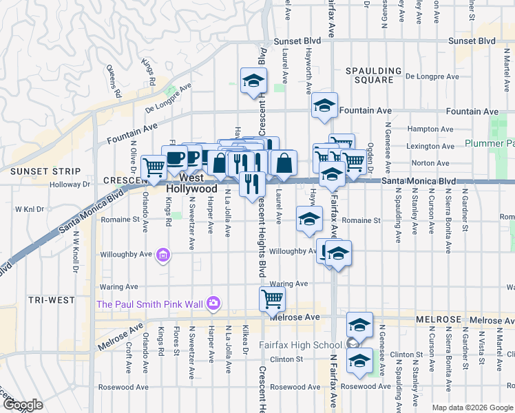 map of restaurants, bars, coffee shops, grocery stores, and more near 1021 North Crescent Heights Boulevard in West Hollywood