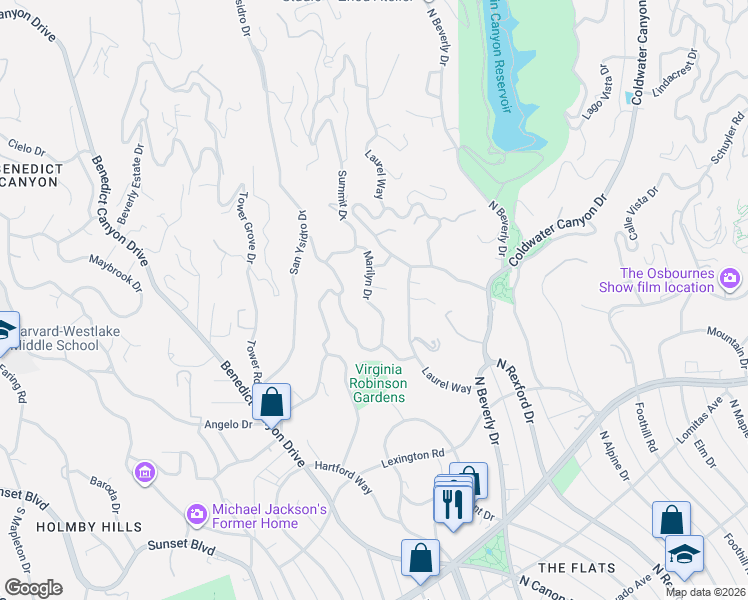 map of restaurants, bars, coffee shops, grocery stores, and more near 1084 Marilyn Drive in Beverly Hills