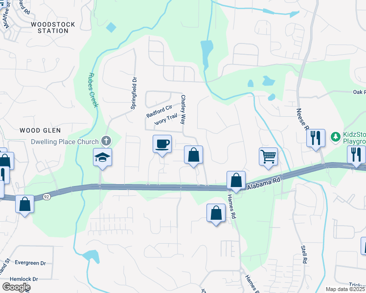 map of restaurants, bars, coffee shops, grocery stores, and more near 763 Woodstock Grove Drive in Woodstock