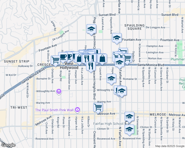 map of restaurants, bars, coffee shops, grocery stores, and more near 1021 North Crescent Heights Boulevard in West Hollywood