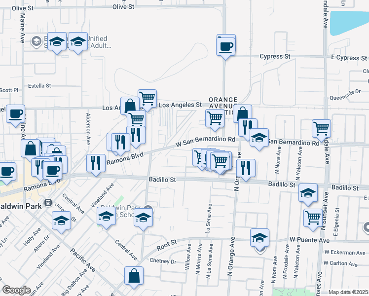 map of restaurants, bars, coffee shops, grocery stores, and more near 15244 Ramona Boulevard in Baldwin Park