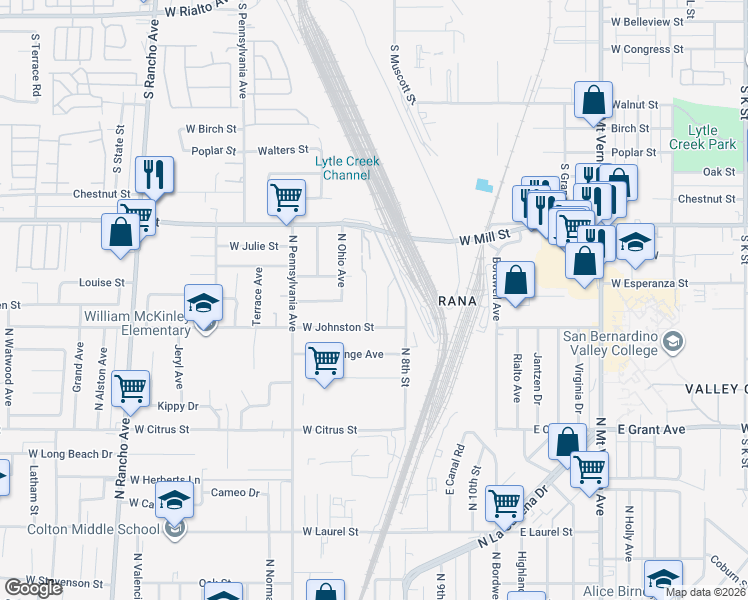 map of restaurants, bars, coffee shops, grocery stores, and more near 1925 Hunter Road in Colton