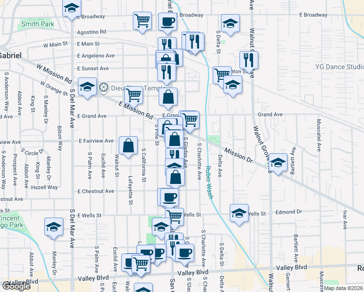 map of restaurants, bars, coffee shops, grocery stores, and more near 1024 South San Gabriel Boulevard in San Gabriel