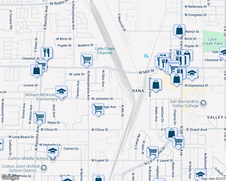 map of restaurants, bars, coffee shops, grocery stores, and more near 1948 Hunter Road in Colton