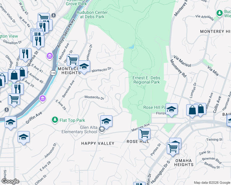 map of restaurants, bars, coffee shops, grocery stores, and more near 1351 Montecito Circle in Los Angeles