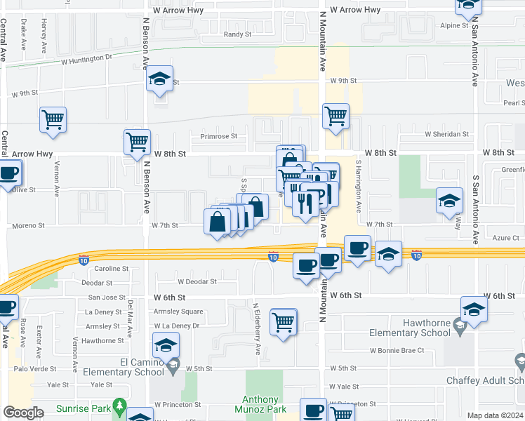 map of restaurants, bars, coffee shops, grocery stores, and more near 388 Stillman Avenue in Upland