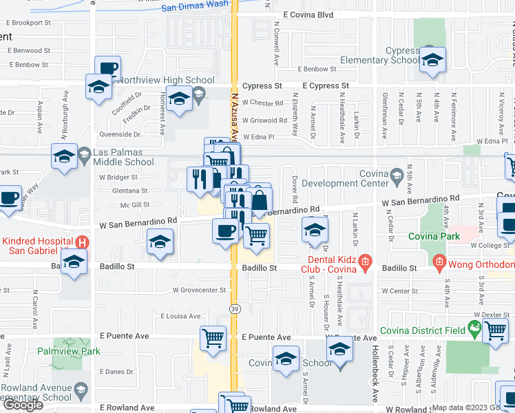 map of restaurants, bars, coffee shops, grocery stores, and more near 816 West San Bernardino Road in Covina