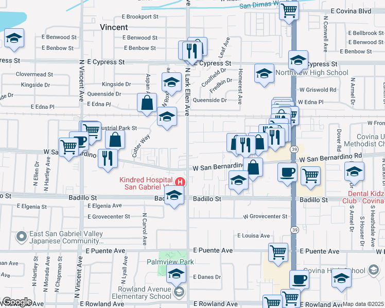 map of restaurants, bars, coffee shops, grocery stores, and more near in Covina