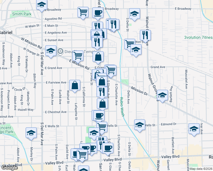 map of restaurants, bars, coffee shops, grocery stores, and more near 1024 South San Gabriel Boulevard in San Gabriel
