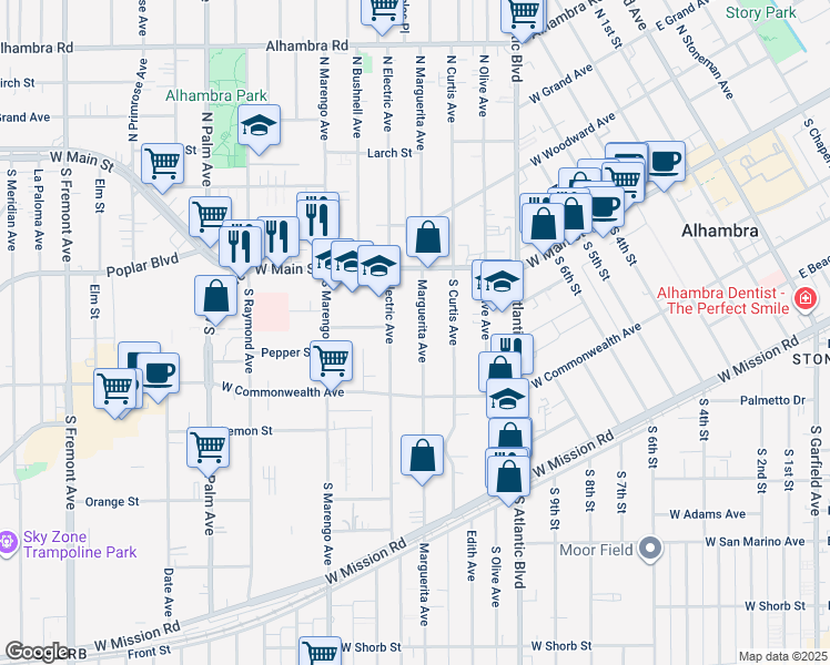 map of restaurants, bars, coffee shops, grocery stores, and more near 203 Marguerita Avenue in Alhambra
