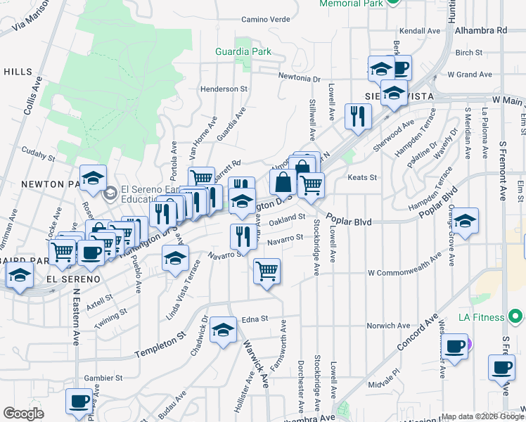 map of restaurants, bars, coffee shops, grocery stores, and more near 5306 Huntington Drive North in Los Angeles