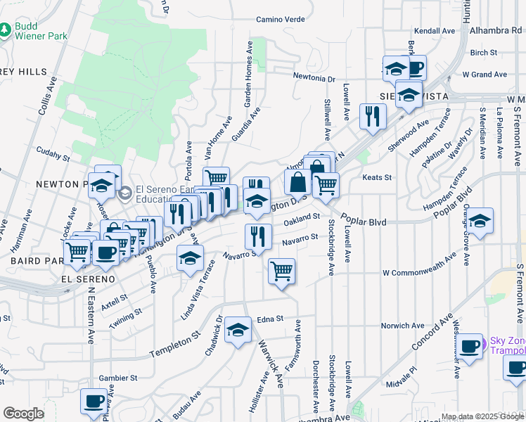 map of restaurants, bars, coffee shops, grocery stores, and more near 5303 Oakland Street in Los Angeles