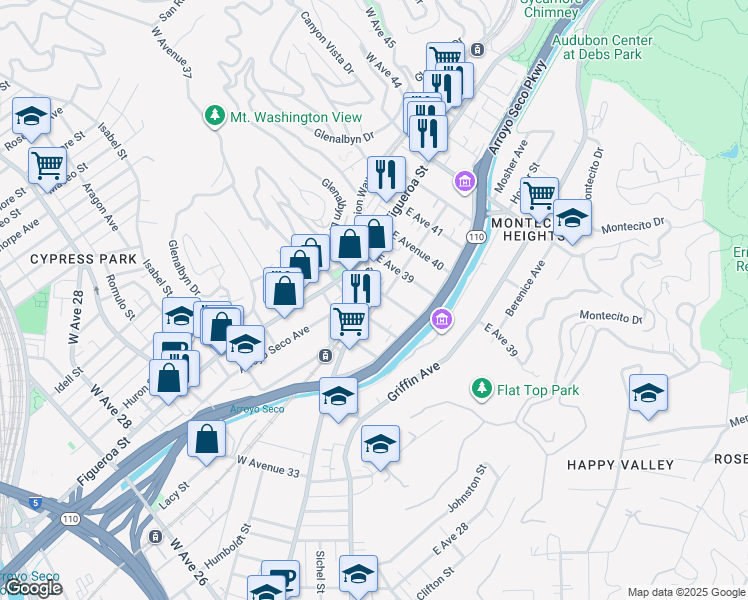 map of restaurants, bars, coffee shops, grocery stores, and more near 117 East Avenue 37 in Los Angeles