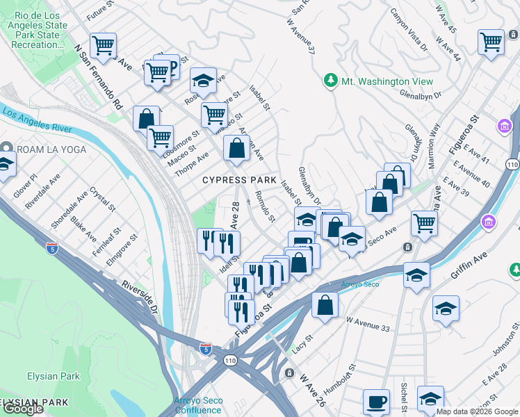 map of restaurants, bars, coffee shops, grocery stores, and more near 627 Cypress Avenue in Los Angeles