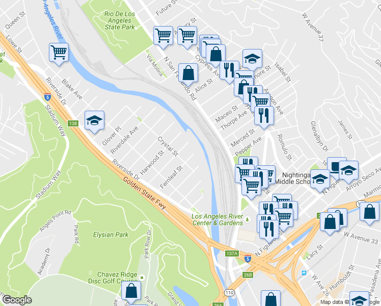 map of restaurants, bars, coffee shops, grocery stores, and more near 2406 Fernleaf Street in Los Angeles