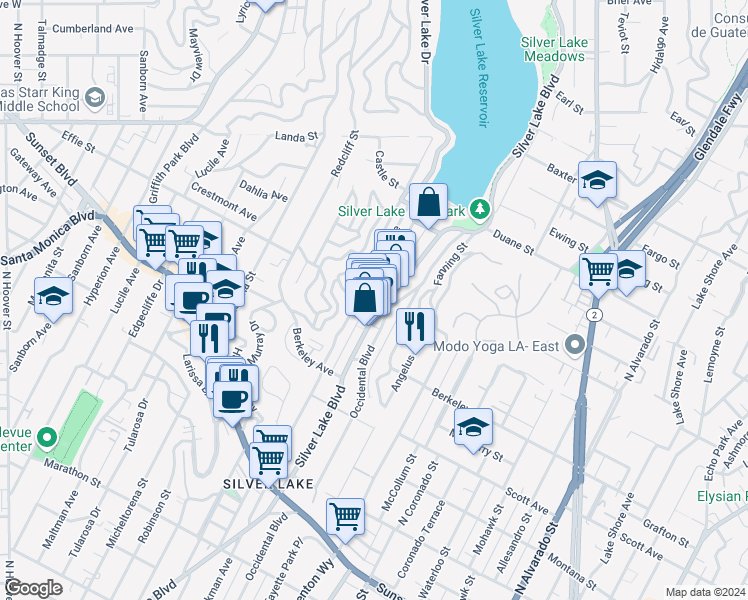 map of restaurants, bars, coffee shops, grocery stores, and more near 1637 Silver Lake Boulevard in Los Angeles