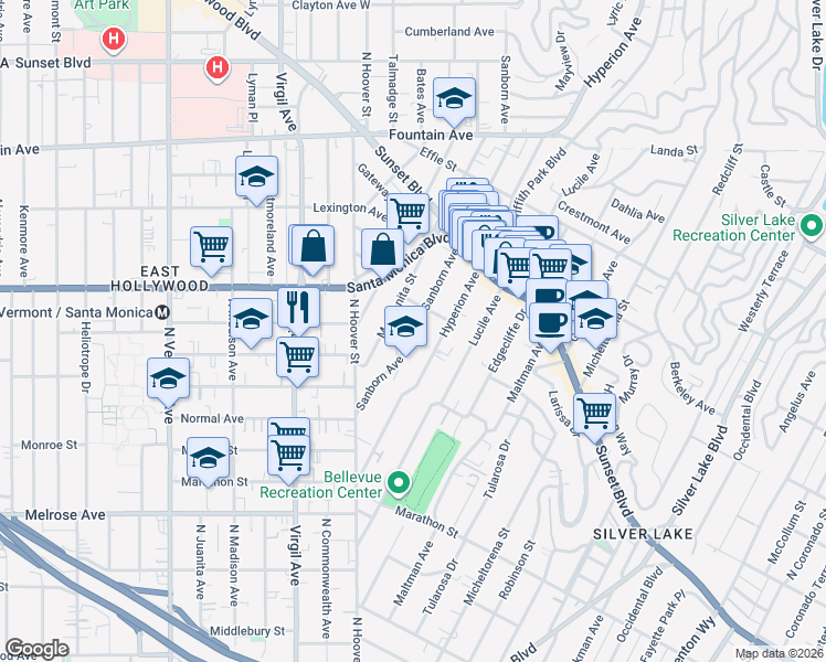 map of restaurants, bars, coffee shops, grocery stores, and more near 940 Venango Avenue in Los Angeles