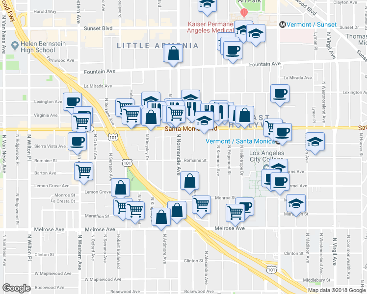 map of restaurants, bars, coffee shops, grocery stores, and more near 1012 North Normandie Avenue in Los Angeles