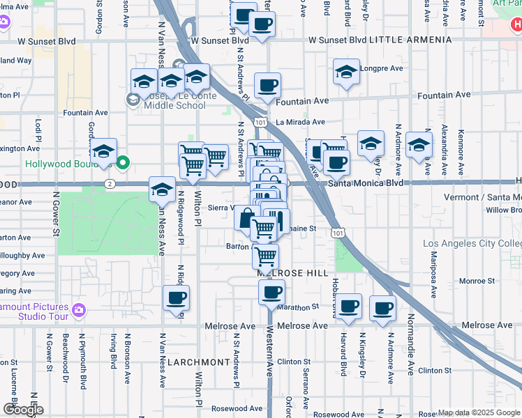 map of restaurants, bars, coffee shops, grocery stores, and more near 1011 North Western Avenue in Los Angeles