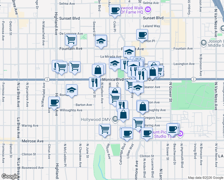 map of restaurants, bars, coffee shops, grocery stores, and more near 6415 Romaine Street in Los Angeles