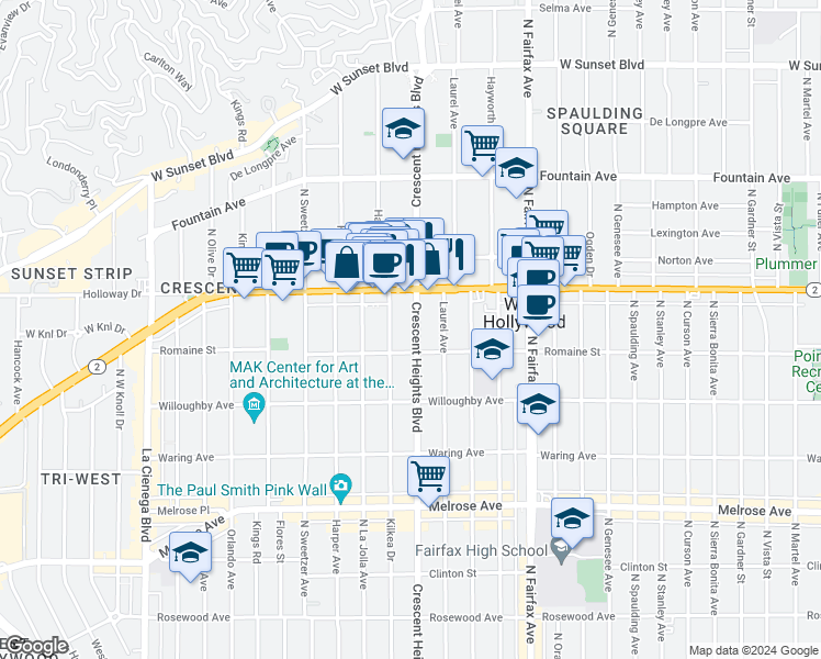 map of restaurants, bars, coffee shops, grocery stores, and more near 1006 Havenhurst Drive in West Hollywood