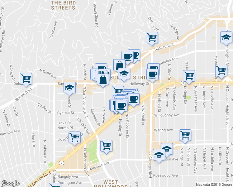 map of restaurants, bars, coffee shops, grocery stores, and more near 980 Hancock Avenue in West Hollywood