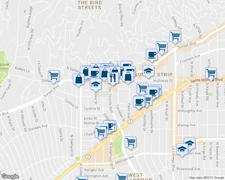 map of restaurants, bars, coffee shops, grocery stores, and more near 955 North San Vicente Boulevard in West Hollywood