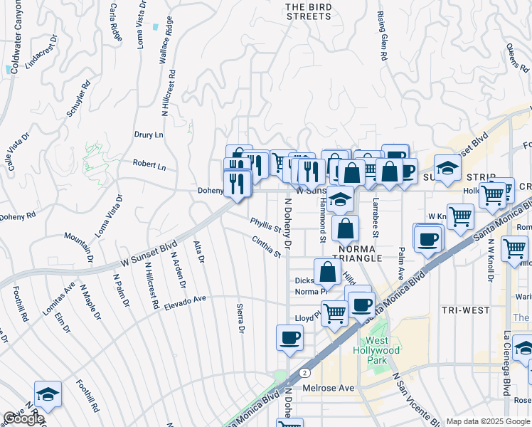 map of restaurants, bars, coffee shops, grocery stores, and more near in West Hollywood