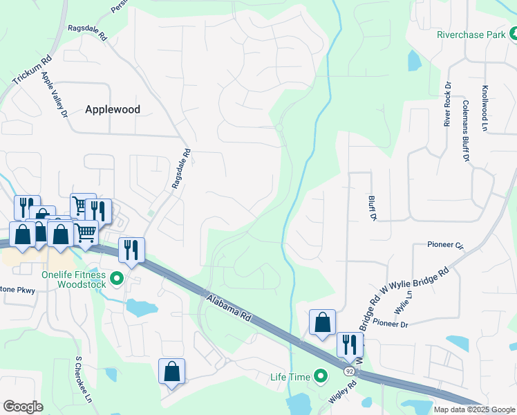 map of restaurants, bars, coffee shops, grocery stores, and more near 302 Wickley Way in Woodstock