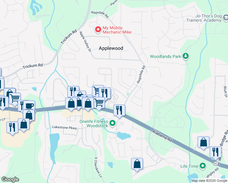map of restaurants, bars, coffee shops, grocery stores, and more near 308 Village Circle in Woodstock