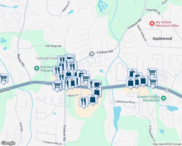 map of restaurants, bars, coffee shops, grocery stores, and more near 236 Abercorn Way in Woodstock