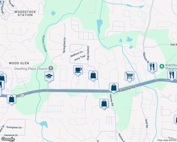 map of restaurants, bars, coffee shops, grocery stores, and more near 763 Woodstock Grove Drive in Woodstock