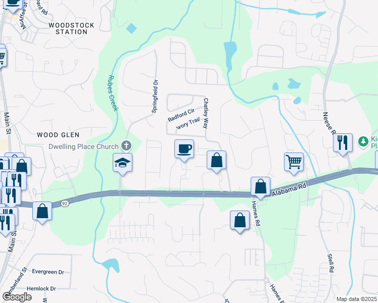map of restaurants, bars, coffee shops, grocery stores, and more near 366 Cherryhill Lane in Woodstock